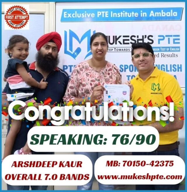 💥💥💥🥇🥇🥇Congratulations to *Arshdeep Kaur* for achieving *Overall 7.0 Bands* in *PTE-Academic * with *7.5 Bands in Speaking Module* with #mukeshpte .🥇🥇🥇💥💥💥.🎗️🎗️🎗️🎗️. *Join Mukesh's PTE- Exclusive & Best PTE Institute in Ambala for your desired scores in a short span of time by taking Online or Offline PTE Classes. *Call us for a free demo 70150-42375, 70153-11189*🎗️🎗️🎗️🎗️💥💥💥🥇🥇🥇.

*Also connect us on*:
🎯Facebook: www.facebook.com/mukeshpte
🎯Instagram: www.instagram.com/mukesh_pte 
🎯Website: www.mukeshpte.com
🎯Youtube: www.youtube.com/channel/UCveHYA4tmsfu77gvS58g6NA

 #onlinepteclasses #mukeshpte #ptewala #mukeshdawar #myPTEstory #ptetest #bestpte #ptesuccess #pteresult #bestpteinstitute #studyvisa #canadastudyvisawithpte #australiavisa #ptevisa #PTEKarBefikar #pteukvi #ptecore #PearsonPTE #pearson