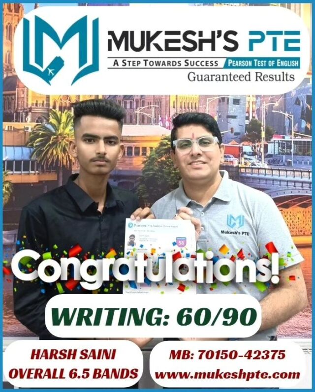 💥💥💥🥇🥇🥇Congratulations to *Harsh Saini* for achieving *Overall 6.5 Bands* in *PTE-Academic * with *6.5 Bands in Speaking Module* with #mukeshpte .🥇🥇🥇💥💥💥.🎗️🎗️🎗️🎗️. *Join Mukesh's PTE- Exclusive & Best PTE Institute in Ambala for your desired scores in a short span of time by taking Online or Offline PTE Classes. *Call us for a free demo 70150-42375, 70153-11189*🎗️🎗️🎗️🎗️💥💥💥🥇🥇🥇.

@sagar.batraofficial
@noel.jamesofficial
@pearsonofficial
@pearsonlanguages

*Also connect us on*:
🎯Facebook: www.facebook.com/mukeshpte
🎯Instagram: www.instagram.com/mukesh_pte 
🎯Website: www.mukeshpte.com
🎯Youtube: www.youtube.com/channel/UCveHYA4tmsfu77gvS58g6NA

 #onlinepteclasses #mukeshpte #ptewala #mukeshdawar #myPTEstory #ptetest #bestpte #ptesuccess #pteresult #bestpteinstitute #studyvisa #canadastudyvisawithpte #australiavisa #ptevisa #PTEKarBefikar #pteukvi #ptecore #PearsonPTE #pearson