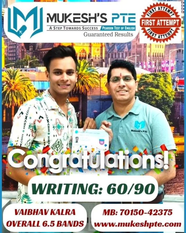 💥💥💥🥇🥇🥇Congratulations to *Vaibhav Kalra* for achieving *Overall 6.5 Bands* in *PTE-Academic * with *6.5 Bands in Speaking Module* with #mukeshpte .🥇🥇🥇💥💥💥.🎗️🎗️🎗️🎗️. *Join Mukesh's PTE- Exclusive & Best PTE Institute in Ambala for your desired scores in a short span of time by taking Online or Offline PTE Classes. *Call us for a free demo 70150-42375, 70153-11189*🎗️🎗️🎗️🎗️💥💥💥🥇🥇🥇.

@pearsonlanguages
@pearsonofficial

*Also connect us on*:
🎯Facebook: www.facebook.com/mukeshpte
🎯Instagram: www.instagram.com/mukesh_pte 
🎯Website: www.mukeshpte.com
🎯Youtube: www.youtube.com/channel/UCveHYA4tmsfu77gvS58g6NA

 #onlinepteclasses #mukeshpte #ptewala #mukeshdawar #myPTEstory #ptetest #bestpte #ptesuccess #pteresult #bestpteinstitute #studyvisa #canadastudyvisawithpte #australiavisa #ptevisa #PTEKarBefikar #pteukvi #ptecore #PearsonPTE #pearson