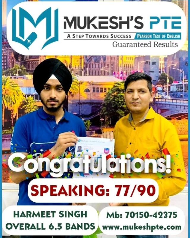 💥💥💥🥇🥇🥇Congratulations to *Harmeet Singh* for achieving *Overall 6.5 Bands* in *PTE-Academic * with *7.5 Bands in Speaking Module* with #mukeshpte .🥇🥇🥇💥💥💥.🎗️🎗️🎗️🎗️. *Join Mukesh's PTE- Exclusive & Best PTE Institute in Ambala for your desired scores in a short span of time by taking Online or Offline PTE Classes. *Call us for a free demo 70150-42375, 70153-11189*🎗️🎗️🎗️🎗️💥💥💥🥇🥇🥇.
@pearsonofficial
@pearsonlanguages

*Also connect us on*:
🎯Facebook: www.facebook.com/mukeshpte
🎯Instagram: www.instagram.com/mukesh_pte 
🎯Website: www.mukeshpte.com
🎯Youtube: www.youtube.com/channel/UCveHYA4tmsfu77gvS58g6NA

 #onlinepteclasses #mukeshpte #ptewala #mukeshdawar #myPTEstory #ptetest #bestpte #ptesuccess #pteresult #bestpteinstitute #studyvisa #canadastudyvisawithpte #australiavisa #ptevisa #PTEKarBefikar #pteukvi #ptecore #PearsonPTE #pearson