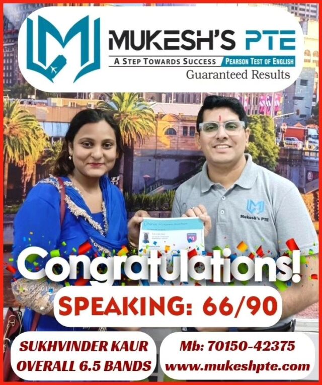 💥💥💥🥇🥇🥇Congratulations to *Sukhvinder Kaur* for achieving *Overall 6.5 Bands* in *PTE-Academic * with *7.0 Bands in Speaking Module* with #mukeshpte .🥇🥇🥇💥💥💥.🎗️🎗️🎗️🎗️. *Join Mukesh's PTE- Exclusive & Best PTE Institute in Ambala for your desired scores in a short span of time by taking Online or Offline PTE Classes. *Call us for a free demo 70150-42375, 70153-11189*🎗️🎗️🎗️🎗️💥💥💥🥇🥇🥇.

@pearsonofficial
@pearsonlanguages

*Also connect us on*:
🎯Facebook: www.facebook.com/mukeshpte
🎯Instagram: www.instagram.com/mukesh_pte 
🎯Website: www.mukeshpte.com
🎯Youtube: www.youtube.com/channel/UCveHYA4tmsfu77gvS58g6NA

#onlinepteclasses #mukeshpte #ptewala #mukeshdawar #myPTEstory #ptetest #bestpte #ptesuccess #pteresult #bestpteinstitute #studyvisa #canadastudyvisawithpte #australiavisa #ptevisa #PTEKarBefikar #pteukvi #ptecore #PearsonPTE #pearson